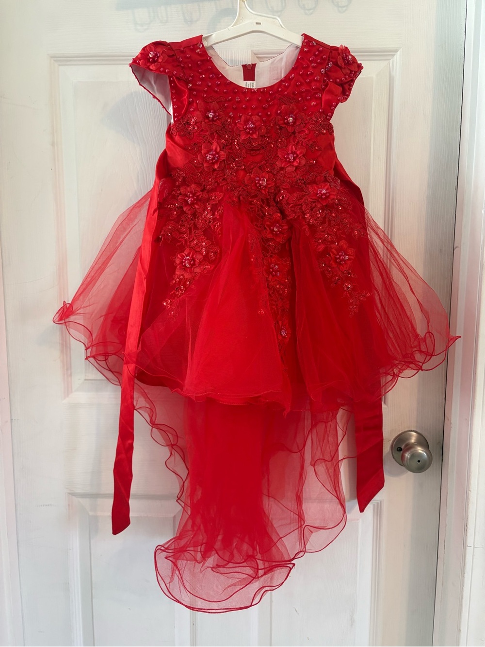 Red Floral Embellished High-Low Tulle Party Dress